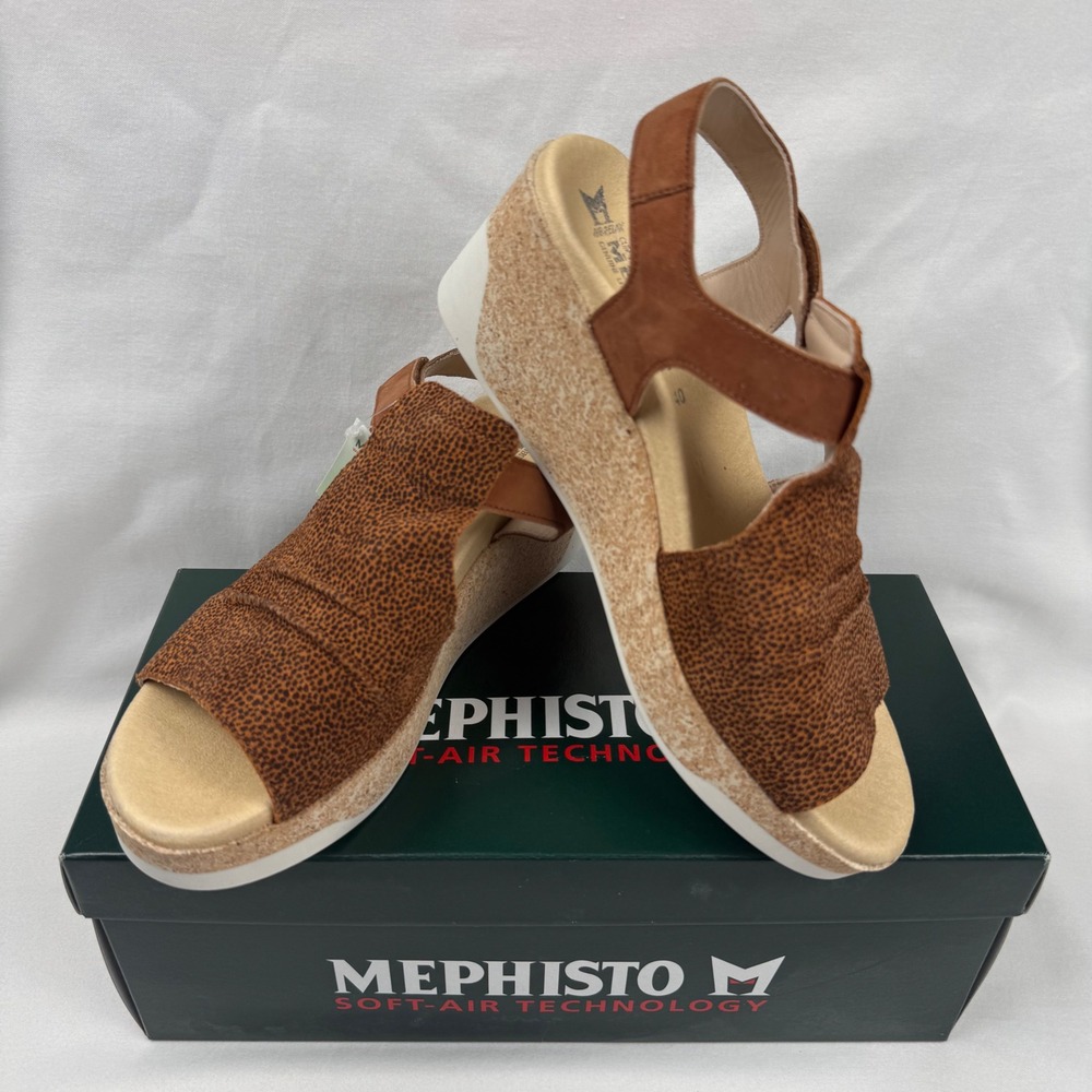 Mephisto Galiane Chili Brown Leather Wedge Sandals Womens 9 EU 40 Animal New